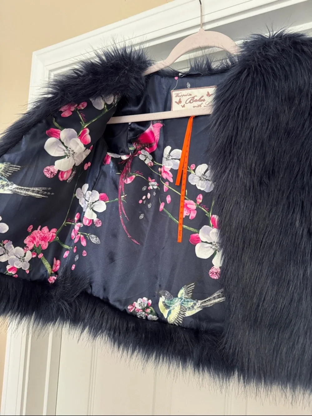 Bakers Black Faux Fur Cape with Floral Lining / Royal Blue - Picture 4 of 9